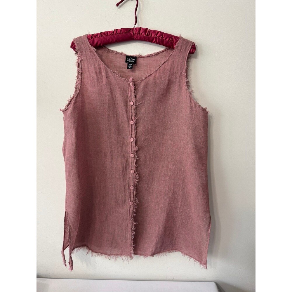 EILEEN FISHER LINEN BUTTON DOWN TUNIC w/ RAW FRAYED EDGES  size M